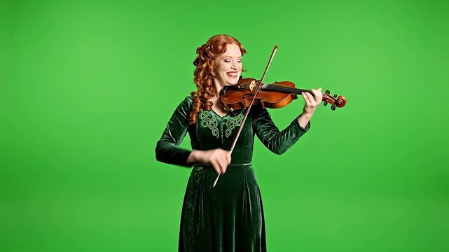 Joyful Redhead Woman in Green Dress Playing Violin with Celtic Design on a Vibrant Green Screen Background