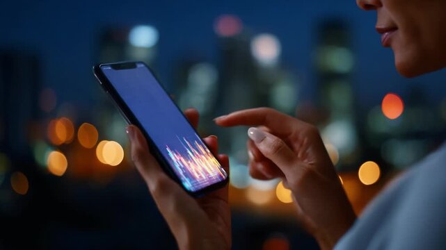 A Close-Up Look at a Person Interacting with a Smartphone Displaying Financial Graphs, Set Against a Stunning City Skyline at Night with Blurred Lights and Focused Attention on Data Analysis
