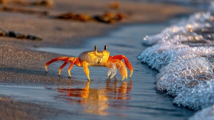 A vibrant orange crab stands on a beach, waves gently lapping around it