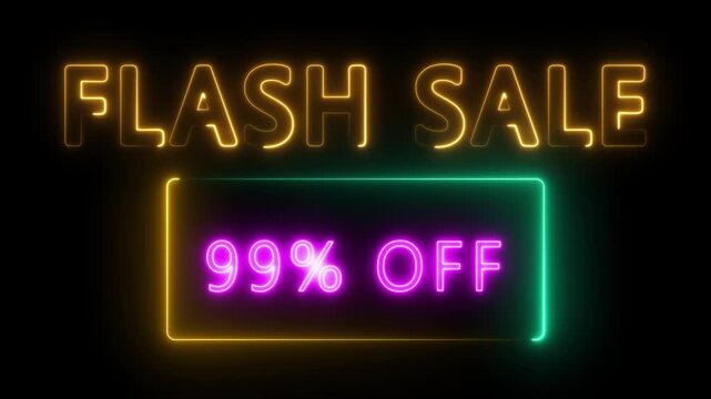 Neon Flash sale 99% OFF animation. 99% Flash sale shopping neon sign Glowing light banner background. Text flash sale by neon lights sign board 4k animation on black background.