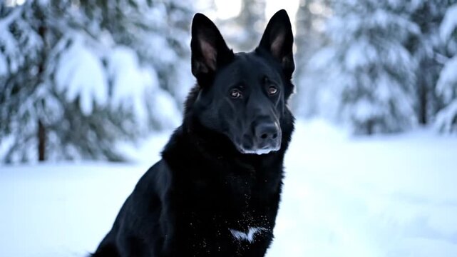 A majestic black dog poses in a snowy forest, gazing intently to the right. Snow covers everything