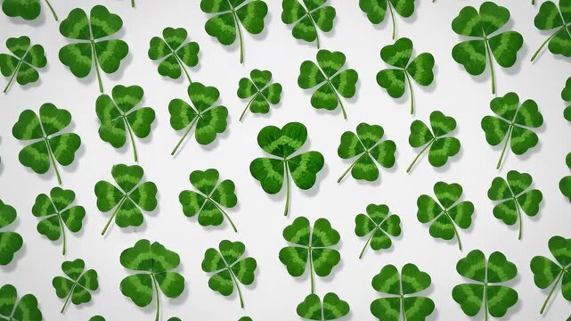 Seamless Pattern of Green Four Leaf Clovers and Three Leaf Clovers on a White Background Symbolizing Luck