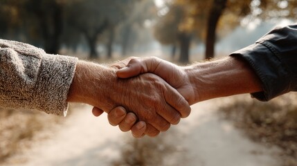 Two weathered hands clasp in a firm handshake on a blurred path through a sunlit forest