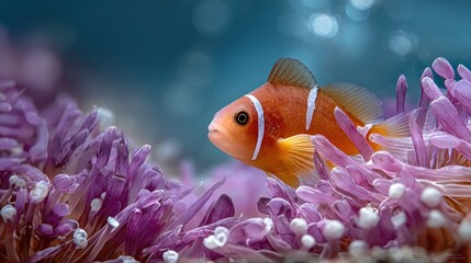Close-up of an orange and white striped fish swimming amongst vibrant purple anemones