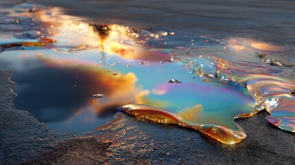 A puddle of oil shows iridescent sheen, reflecting light and hints of a small fire