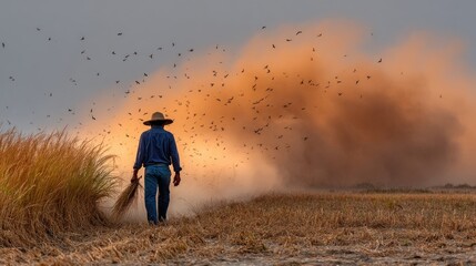 A farmer walks away, facing dust and swarming birds in a field