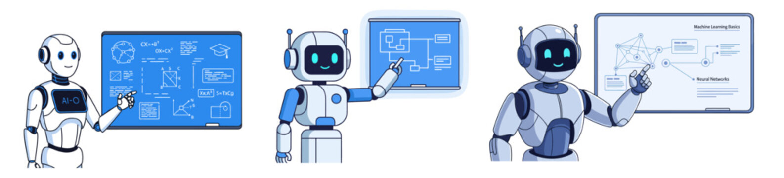 A collection of modern humanoid robots presenting complex data and technological concepts on interactive digital screens, illustrating artificial intelligence and machine learning.
