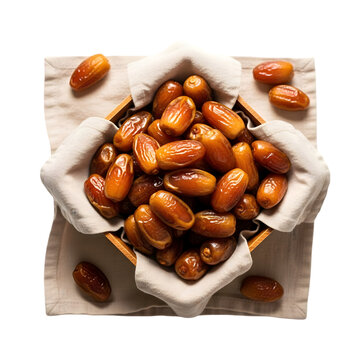 A bowl of dates on a table with a white cloth background isolated on transparent background