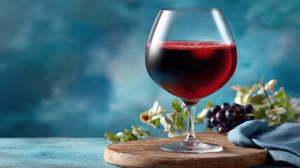 A clear glass filled with ruby red liquid sits before grapes and foliage on a wooden board