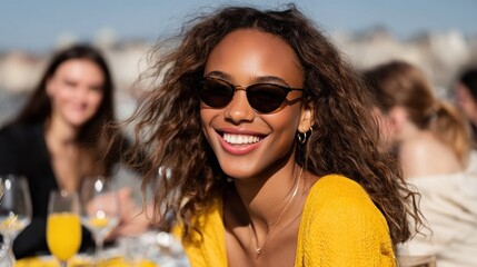 Woman with sunglasses smiles broadly, others at a sunny outdoor gathering