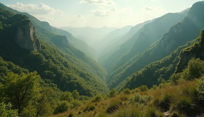 Obraz premium Sunlit Forested Mountain Valley With Hazy Atmosphere And Green Foliage During Daytime