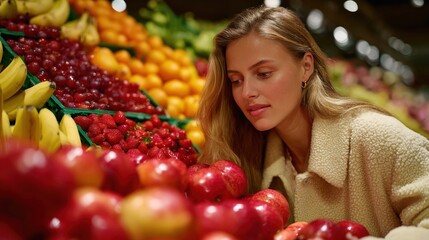 A woman examines fresh produce in a brightly lit grocery store