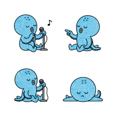 Cartoon octopus singing and performing with microphone in different poses