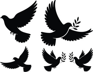 Fototapeta premium Flying dove silhouettes with olive branch symbols of peace, graceful bird collection isolated on light background vector illustration set design
