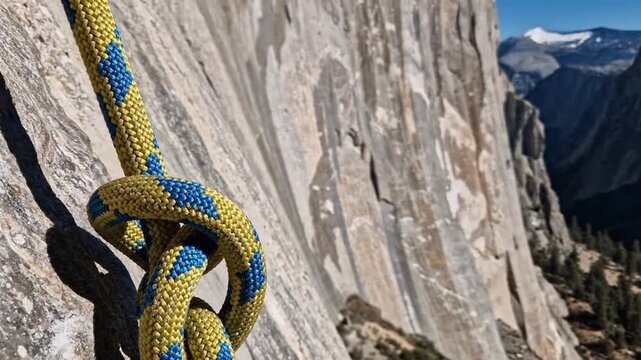 A knotted yellow and blue climbing rope is attached to a textured rock wall. Mountains are in the distant background