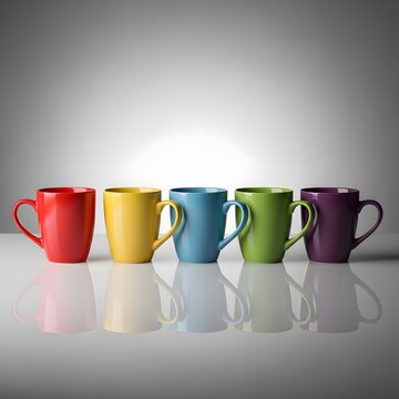 Five stylish ceramic mugs arranged in a vibrant color sequence on reflective surface. canecas