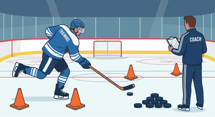 Obraz premium You said Ice Hockey Player Training PracticeFlat vector illustration of an ice hockey player practicing shots during training. Cones, pucks, and coach visible. Flat vector style, skill development s