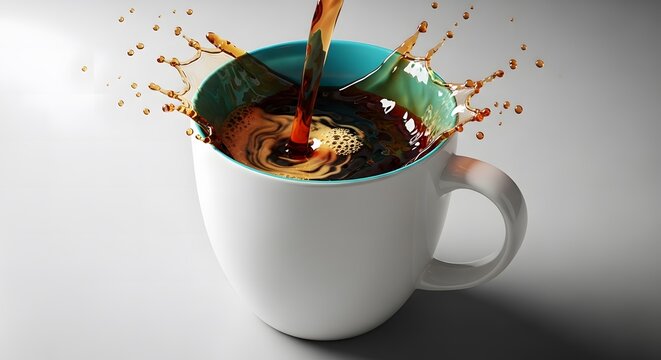 A cup of coffee with a swirling liquid stream cascading out of it dramatically. canecas