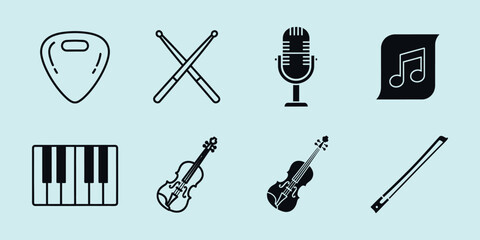 Obraz premium Black and white musical instruments on light blue background guitar pick drumsticks microphone