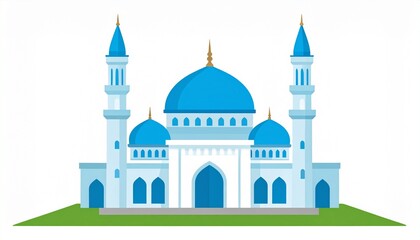Fototapeta premium Blue and white mosque with domes and minarets on green hill illustration