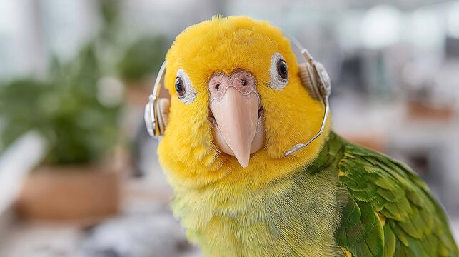 A bright yellow and green parrot wearing a professional communication headset with a microphone, looking directly at the camera in a blurred office setting.