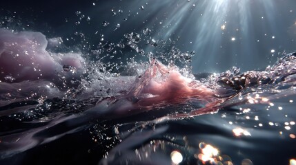 An underwater view of a splash with light rays penetrating from above