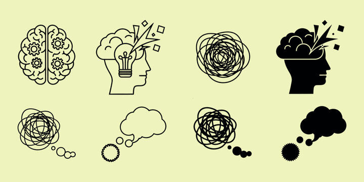 Black line and silhouette of human heads with thought bubbles and cogs brain gears