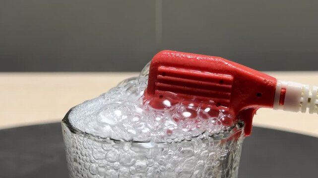 A red portable immersion heater rapidly boils water inside a glass cup. The intense heat generates a violent churning of large bubbles, resulting in a loud, roaring rumble and high-pitched splashing.