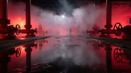Red-lit industrial space with pipes, mist, and a figure walking away