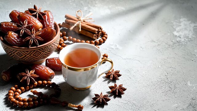 Still life arrangement of dates, hot beverage, cinnamon sticks, and prayer beads on textured surface