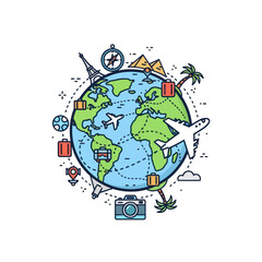 Naklejka premium Global travel concept with Earth and tourist destination icons