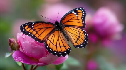 Fototapeta premium A stunning monarch butterfly with vibrant orange wings perches on a soft pink rose. The scene captures the harmony of nature in full bloom, showcasing the beauty of a peaceful afternoon