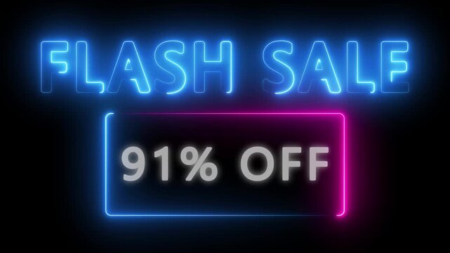 Neon Flash sale 91% OFF animation. 91% Flash sale shopping neon sign Glowing light banner background. Text flash sale by neon lights sign board 4k animation on black background.