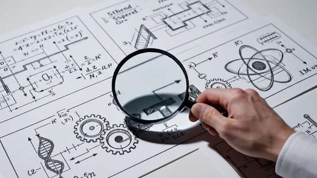 A hand uses a magnifying glass to examine scientific diagrams and equations on paper