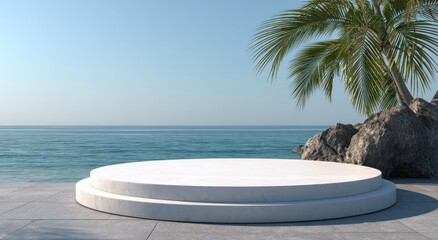 Obraz premium A serene, circular platform by the ocean, surrounded by palm trees and rocky formations, creating a tranquil coastal scene.