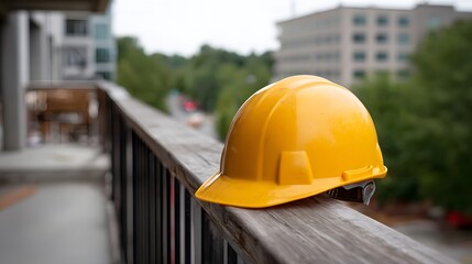 A yellow safety hard hat rests on a wooden railing outdoors with blurred city buildings and trees in the background