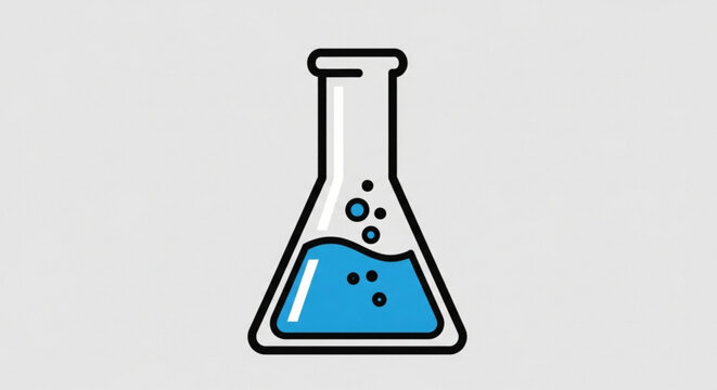Laboratory erlenmeyer flask with blue liquid and bubbles on light gray background
