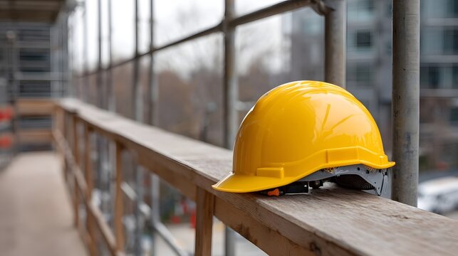 A bright yellow safety helmet rests on a wooden guardrail at a construction site with scaffolding and buildings in the background