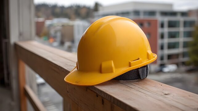 A yellow safety hard hat rests on a wooden railing at a construction site with blurred buildings in the background