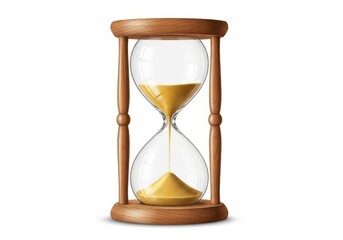 Wooden hourglass instrument displays golden grains flowing between clear glass bulbs against a stark white background