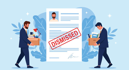Illustration of two men in suits carrying boxes of personal belongings, with a large document labeled "DISMISSED" in red between them, conveying job termination. © DHS