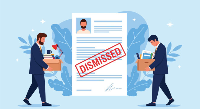 Illustration of two men in suits carrying boxes of personal belongings, with a large document labeled "DISMISSED" in red between them, conveying job termination.