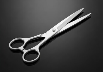 Polished metal shears rest diagonally on a reflective dark gray surface with soft illumination.