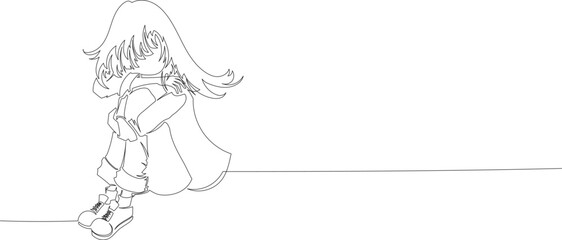 Fototapeta premium Continuous One Line Drawing of a Sad Woman Sitting and Hugging Her Knees eps10