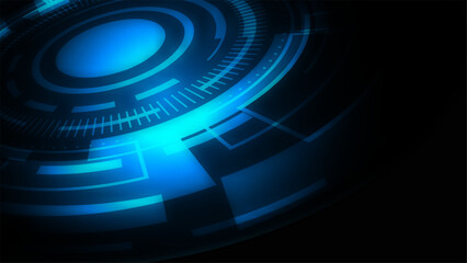 Futuristic blue HUD interface with glowing concentric circles and digital data visualization elements on dark background for high tech software concepts