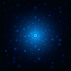 Blue glowing portal background with concentric dotted rings radiating light in dark digital space futuristic technology and cosmic energy