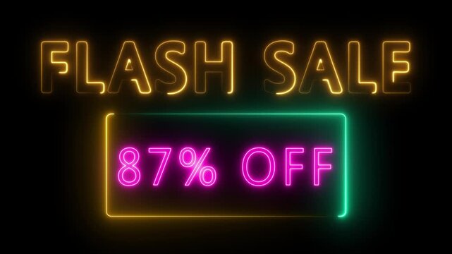 Neon Flash sale 87% OFF animation. 87% Flash sale shopping neon sign Glowing light banner background. Text flash sale by neon lights sign board 4k animation on black background.