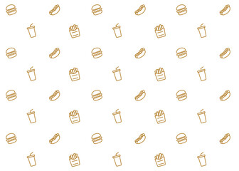 Seamless Fast-food illustration with brown outline and white background, food packaging, menu illustration	