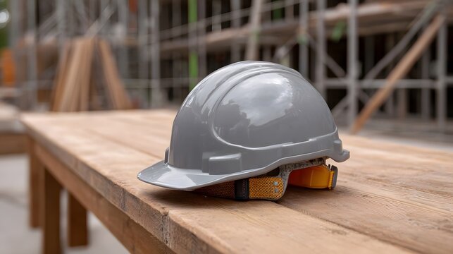A protective grey hard hat rests on a wooden bench at a busy construction site