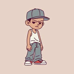 Cartoon illustration of a cool and angry little boy in urban streetwear style